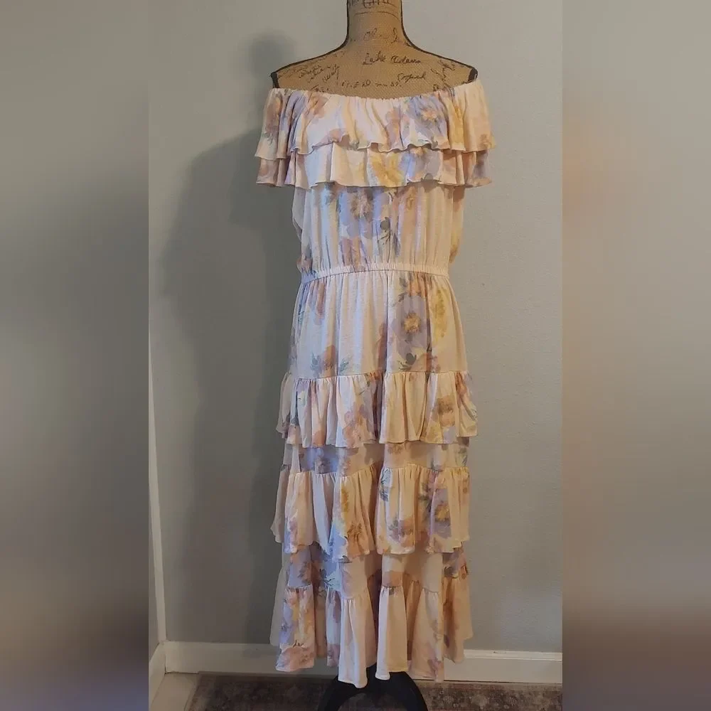 LAUREN Ralph Lauren Floral Off the Shoulder Tiered Maxi Dress Sz XL